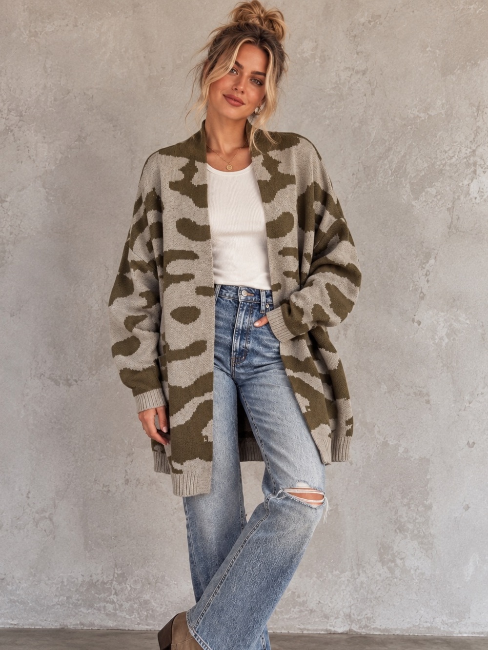 Current/Elliott Oversized Camo Cardigan Wool Cotton Open Front Size 2 M